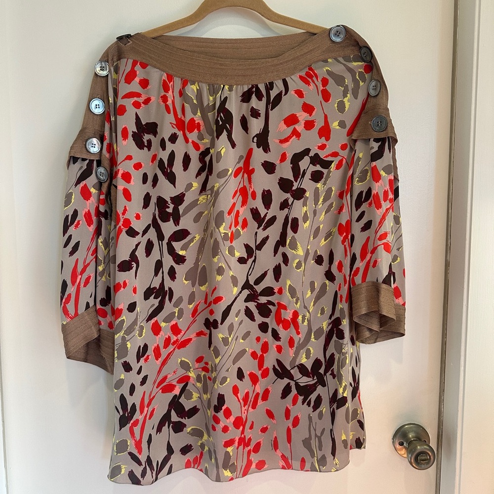 Missoni Taupe Silk Blouse with Red, Brown and Gold Leaf Print